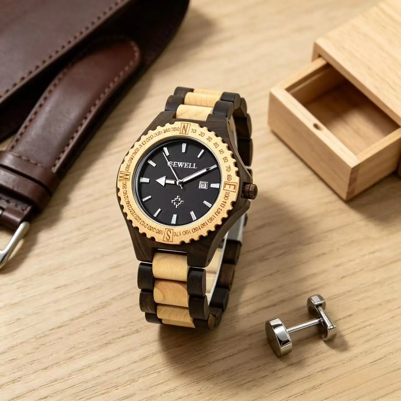 Tactile Natural Wooden Wristwatch for Men, Bright Dual Time Display Distinct Date Robust Fold Buckle Low Weight Quartz Watch
