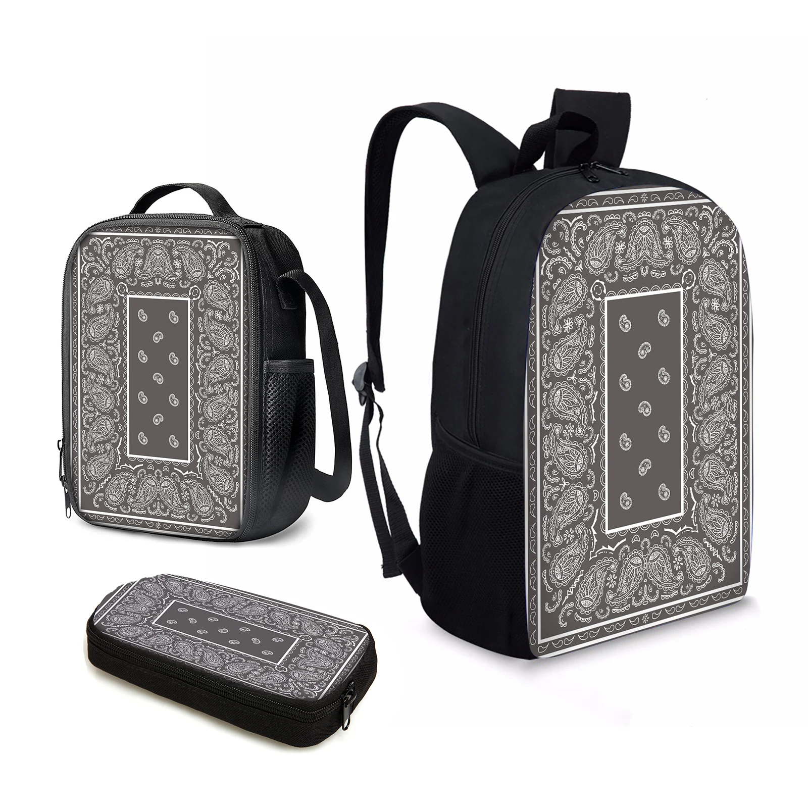 

YIKELUO Gray Paisley Print Durable Backpack Cashew Flower Print Student Textbook Knapsack Spring Outing Insulated Lunch Bag