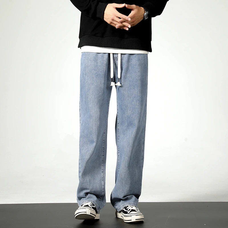 New Style Y2K Jeans Mens Straight Loose Elastic Waist Hip Hop Trouser Streetwear High Street Wide Leg wash Baggy Pants Men