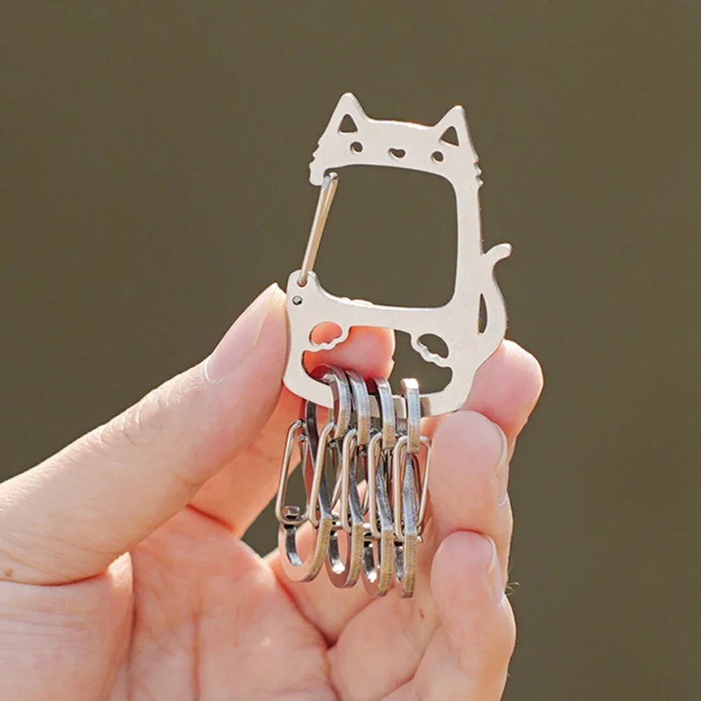 1Pc Stainless Steel Lucky Cat Keychain Ornament with Creative S Hook Design Outdoor Keyring Perfect for Camping Key Management