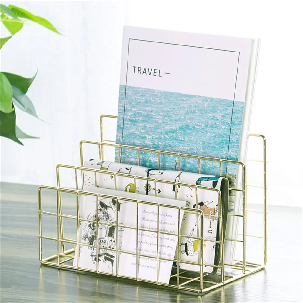Office Table Storage Holder Simple Wrought Iron Newspaper Rack Rose Gold Shelf Bookstand Book End Gold Metal Magazine Organizer