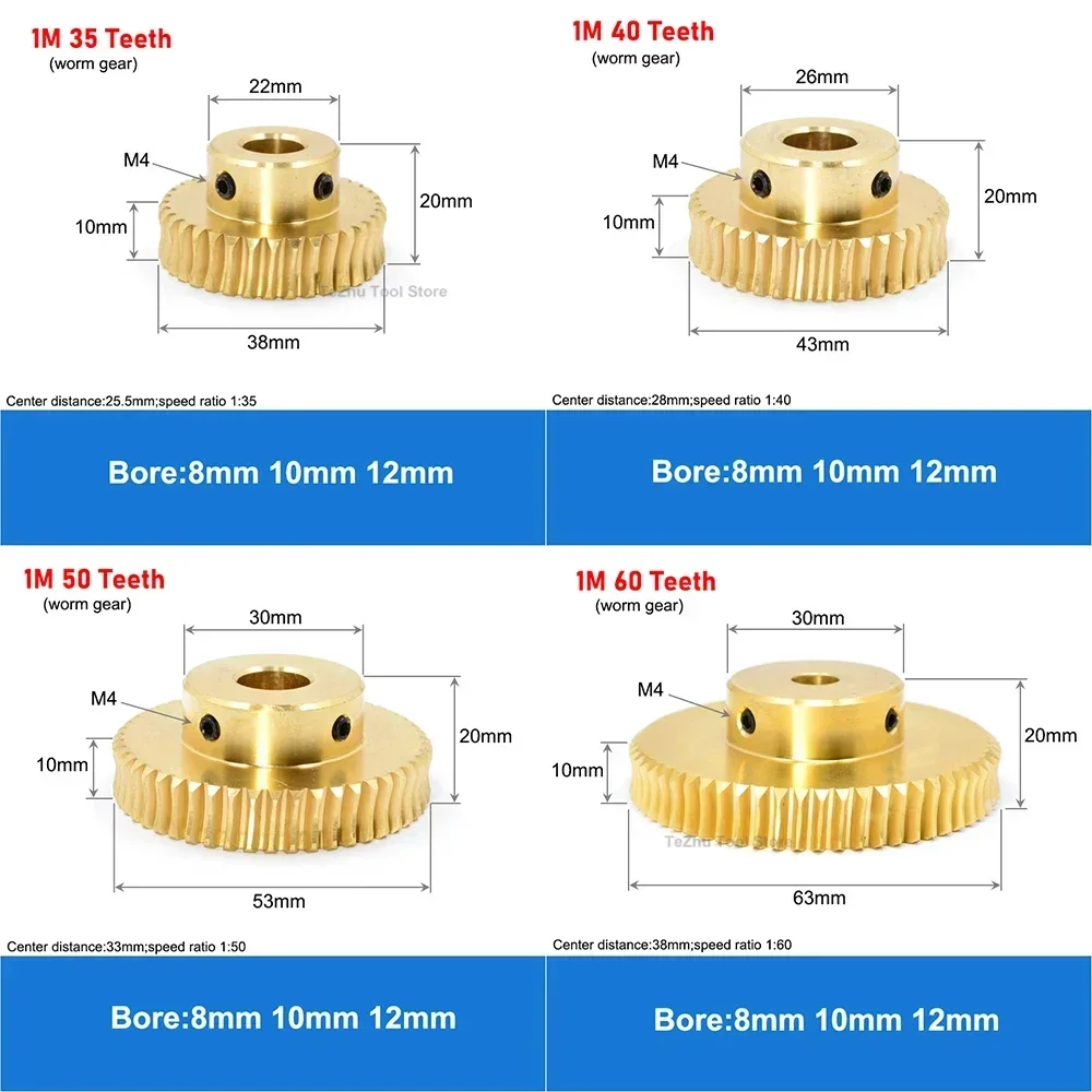 1Pcs 1M 15T-60T Brass Worm Gear Wheel Stainless Steel Worm Rod 1 Modulus 15 Teeth-60 Teeth Gear Bore 5/6/8/10/12mm