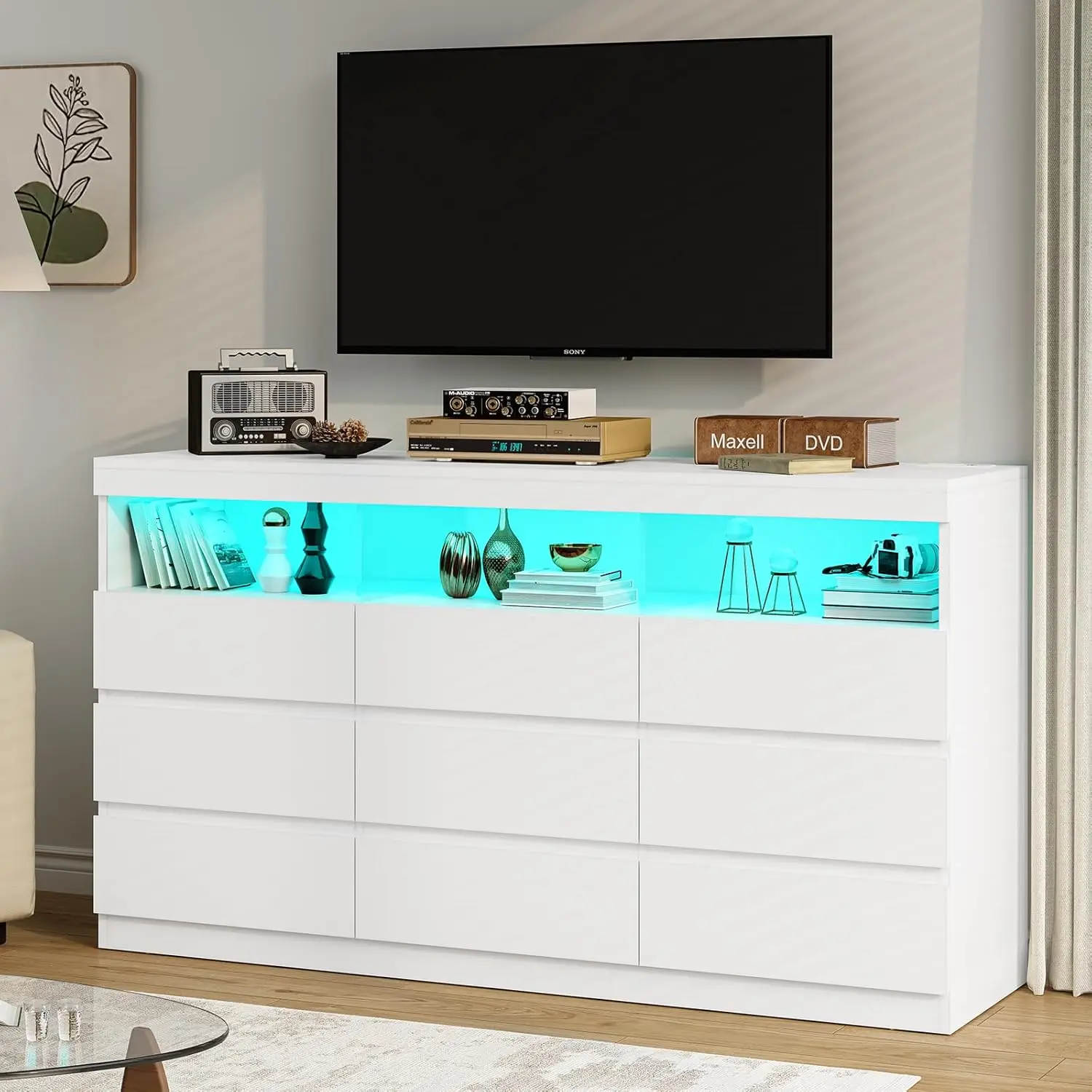 9 Drawer Dresser for Bedroom with LED Lights, Large Chest of Drawers Handle Free, Modern long Dressers with Charging Station 6