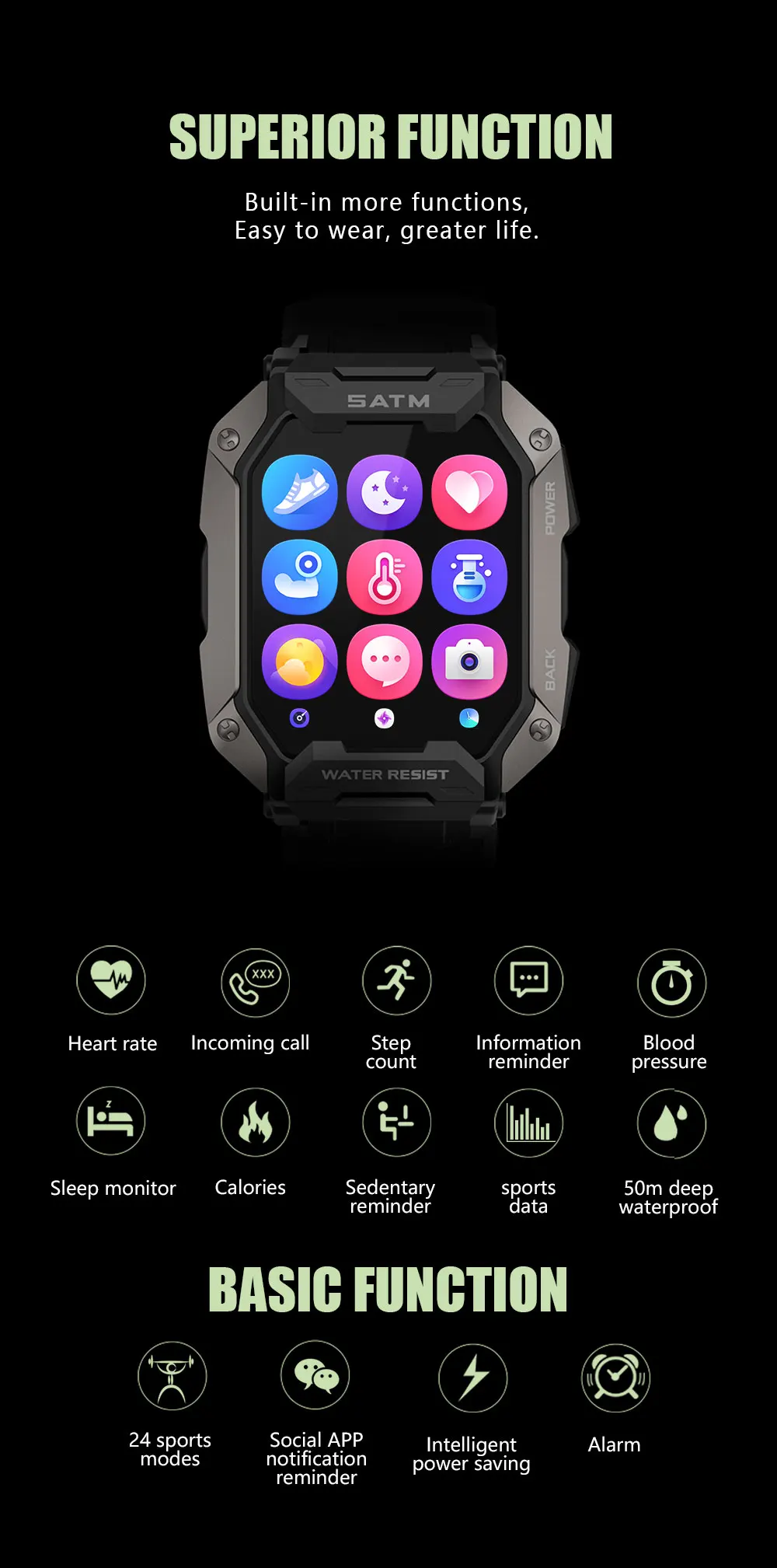 KALOSTE Smart Watch 2022 New Outdoor Sport Smart Watches Heart Rate Blood Pressure 5ATM Waterproof Bluetooth Smartwatch For Mens