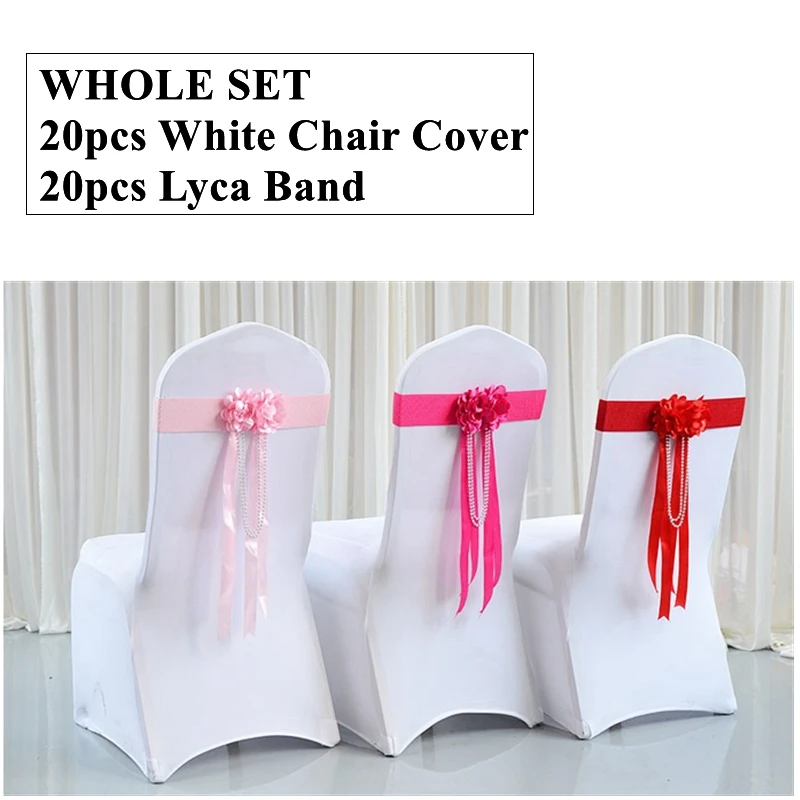 

Full Set 20 White Spandex Banquet Chair Cover With 20pcs FlowerLycra Sash Band For Wedding Event Party Decoration