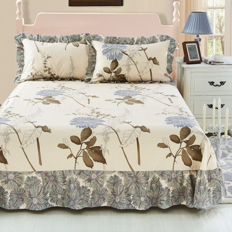 Vintage Floral Print Bed Skirt Set Ruffle Bedspread Mattress Cover Cotton Bedclothes Sheet Princess Style Bedding Bed Spreads 2