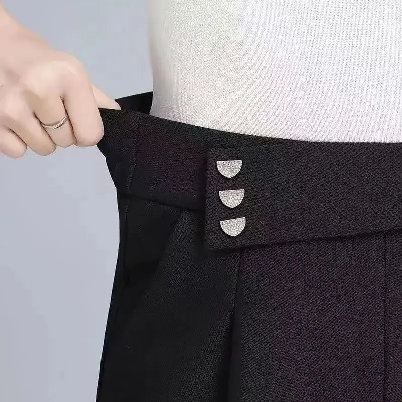 Summer New Women's Solid Color Elastic High-waisted Sequined Pockets Wide Leg Pants Commute Fashion Loose Straight Casual Shorts