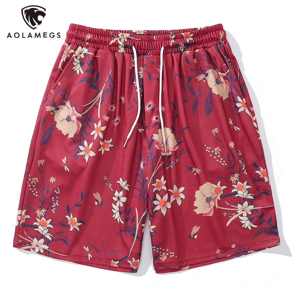 

Streetwear Men Beach Shorts Flowers Print Red Short Pants Summer Casual Beachwear Harajuku High Street Loose Fashion Clothing