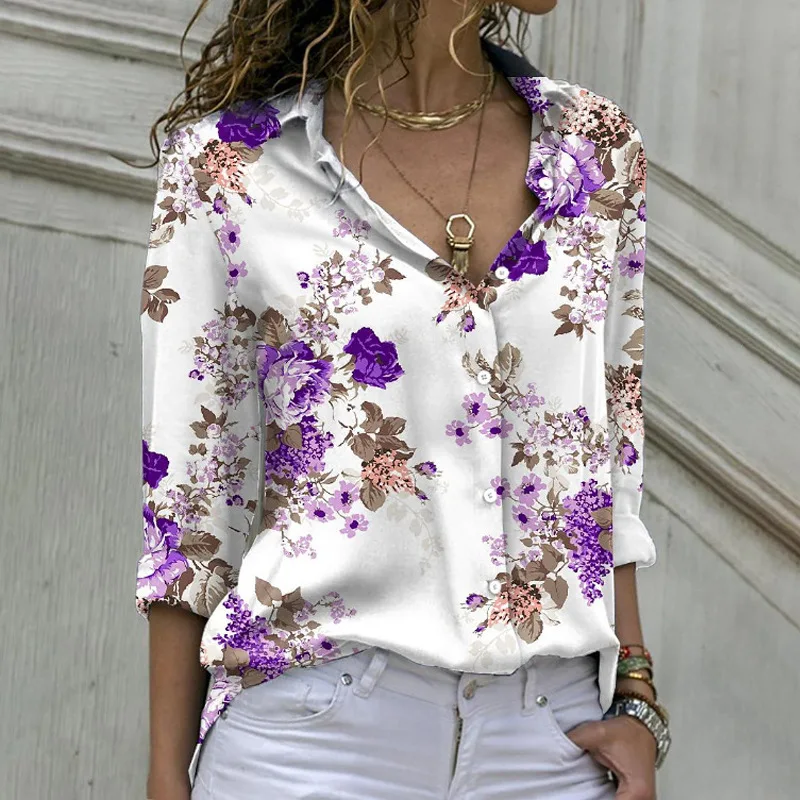 Moda Botão solto Up Casual Camisa Mulher Elegante Impresso Floral