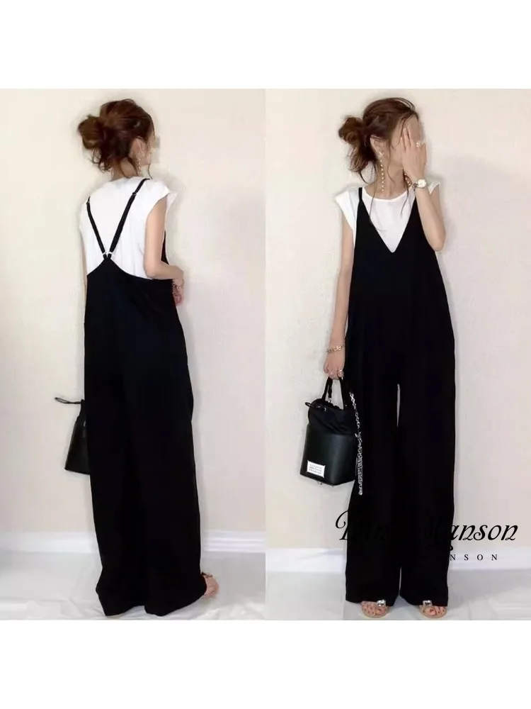 

Летний комбинезон Y2k, новинка 2023, модные женские брюки на бретелях в японском стиле, однотонная Повседневная Уличная одежда, свободные широкие брюки