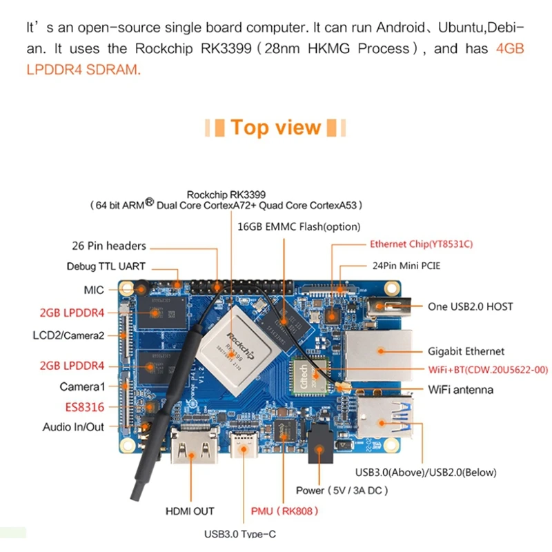 Orange Pi 4 LTS 4G16G + 5V3A  , Rockchip RK3399, Wifi + BT5.0 , ⰡƮ ̴, ȵ̵ , 