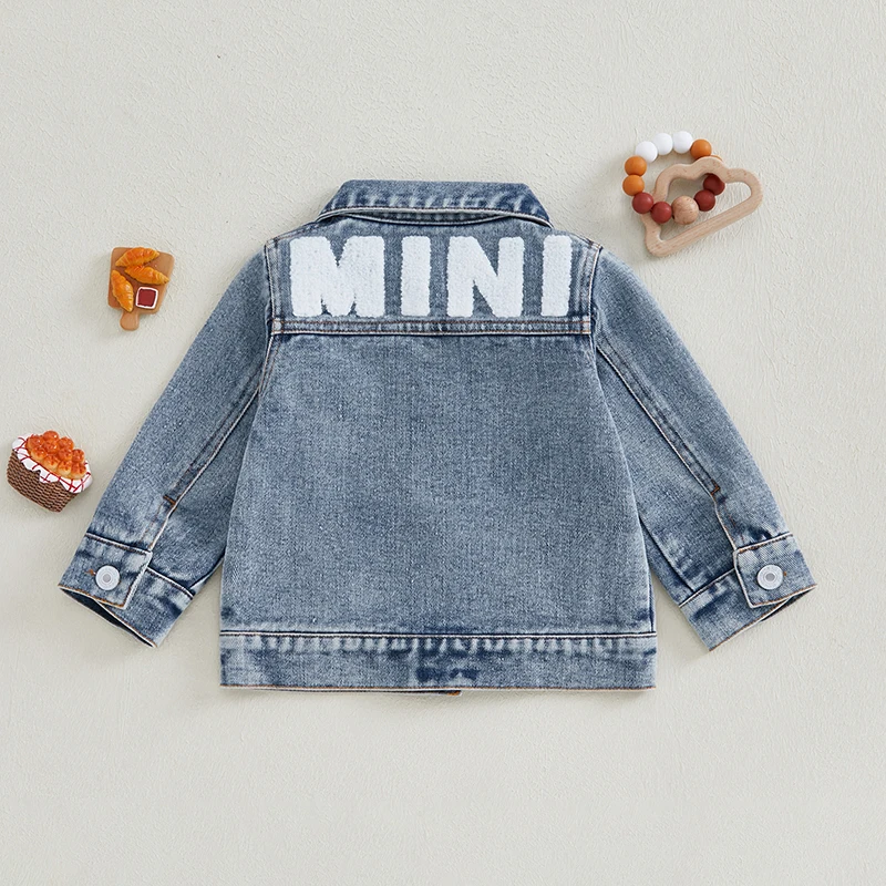 VISgogo 0-3 Years Toddler Boy Girl Denim Jacket Back Letter Embroidered Lapel Neck Long Sleeve Front Button-up Fall Tops