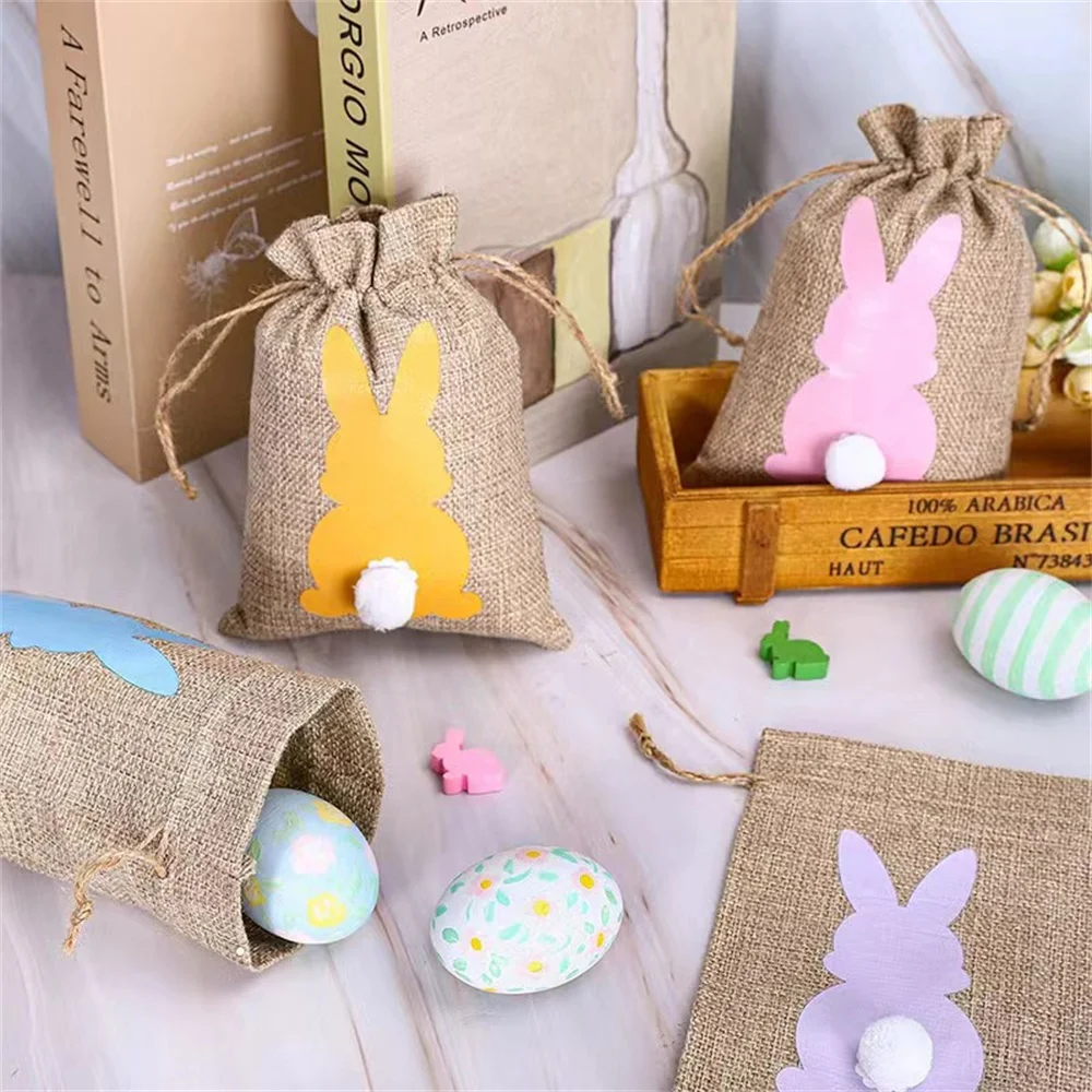 1pcs Easter Burlap Bag Drawstring Gift Bag Easter Bunny Rabbit Linen Jute Bag With Fluffy Tail Gift Pouch Bag Party Favor