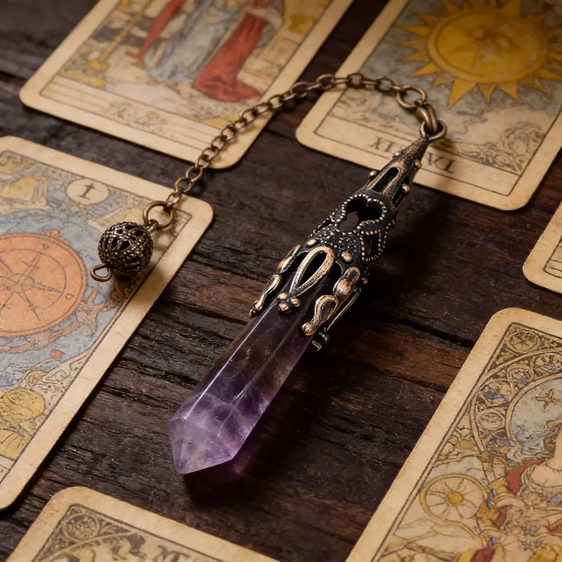 Reiki Healing Natural Stone Crystal Pendulum with Amethyst and Black Obsidian