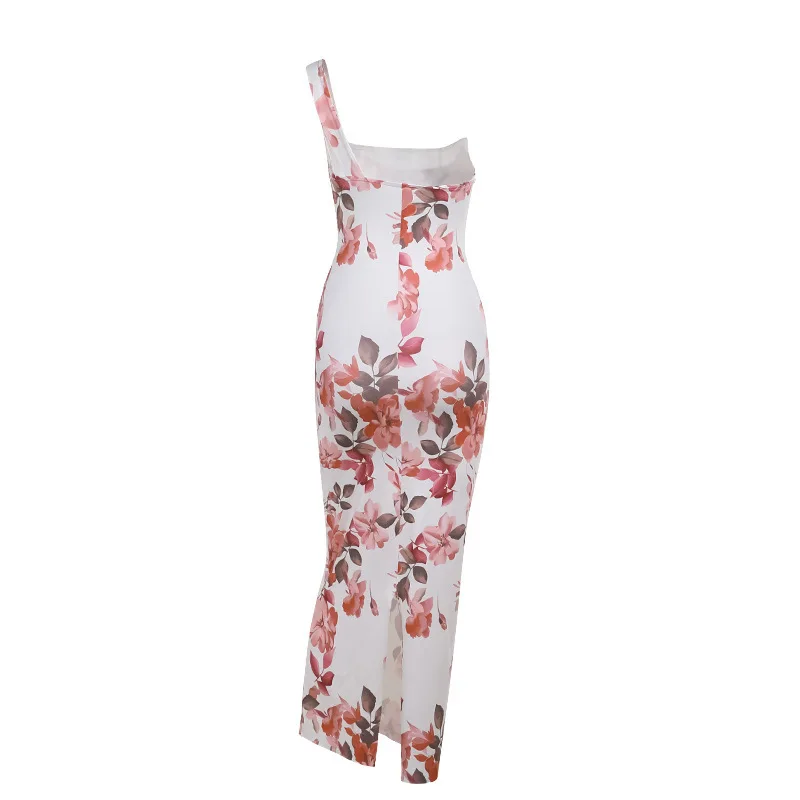 Vestido midi sexy con estampado de un solo hombro para mujer, vestido largo ajustado sin mangas con hombros descubiertos y espalda descubierta para fiesta y club.