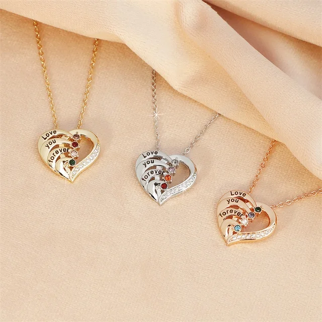 Collier personnalisé avec nom et pierres de naissance, collier de promesse personnalisé, pendentif cœur avec noms gravés, cadeaux de bijoux de Noël