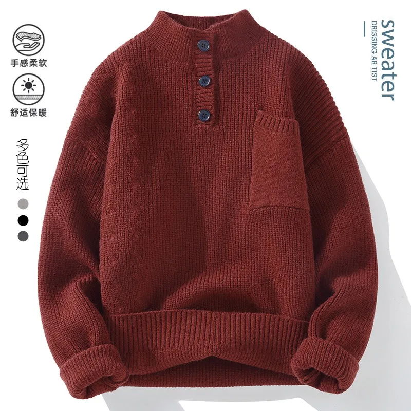 Trendy Solid Color Men Knitted Sweaters Half High Collar Button Pullover Tops Autumn Winter Versatile Knitwear Men Clothing 4