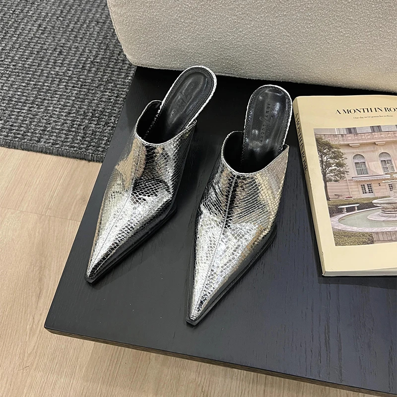 Pointed Snake Pattern Genuine Leather Shoes For Women Stiletto Heels Summer Slip-On Slides Fashion Party Sandals Women Slippers