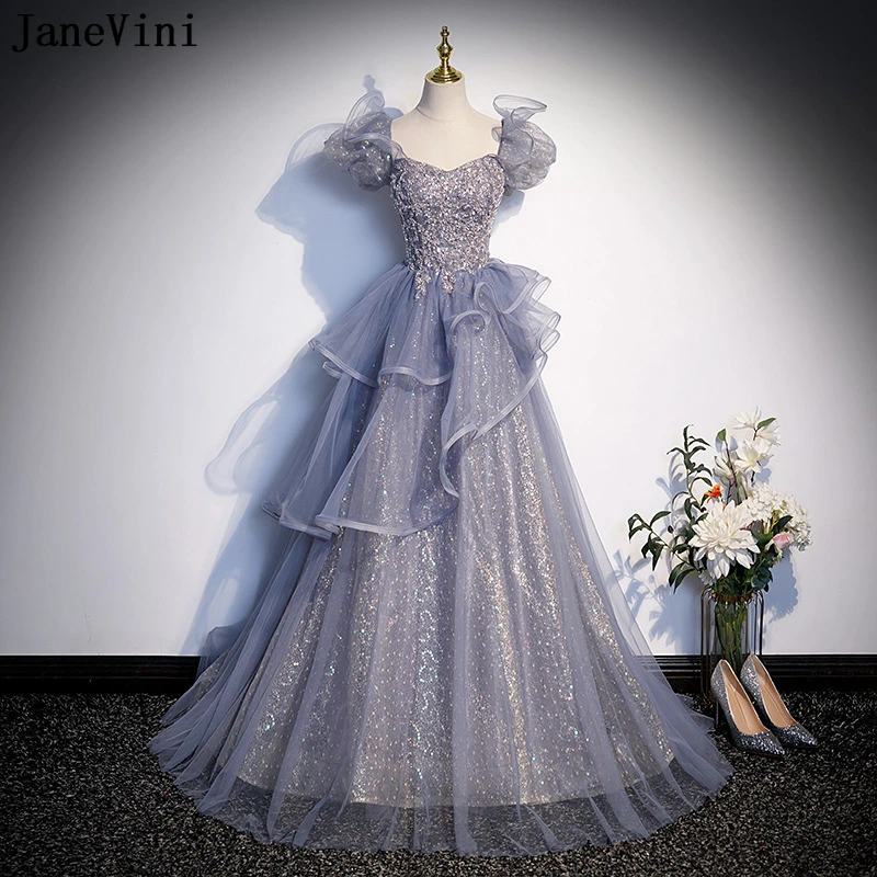 

JaneVini 2023 Sparkly Glitters Evening Prom Dresses Women Long A Line Tulle Short Sleeves Tiered Formal Party Gowns Abendkleider