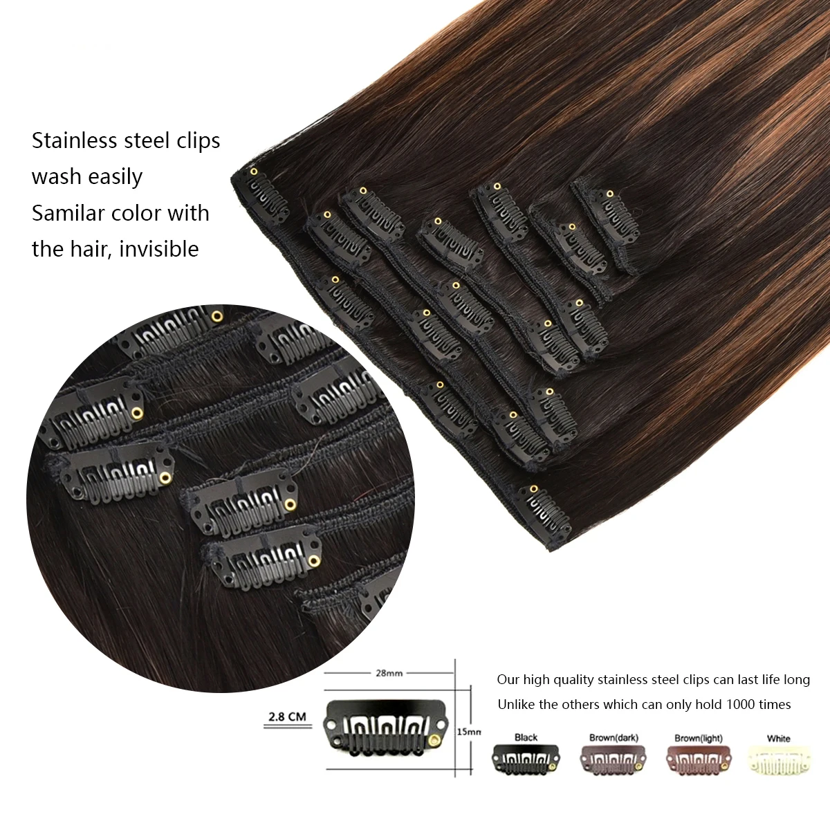 Real Human Hair Dark Brown to Ash Brown Ombre Clip in Hair Extensions 7Pcs 16 Seamless Clips Remy Straight Clip in Extensions hair extensions