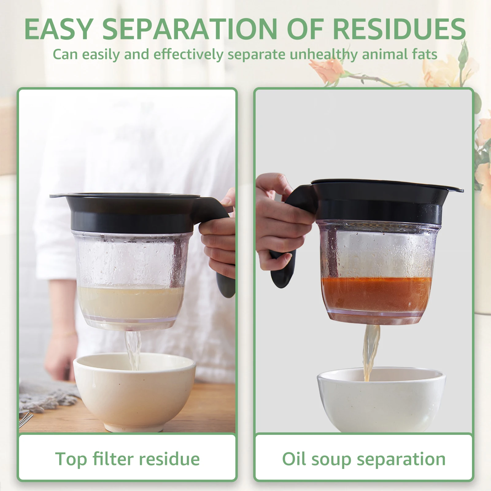 1000 ML Fat Separator Plastic Oil Soup Separator with Bottom Release and Oil Strainer Fat Strainer Gravy Separator Measuring Cup