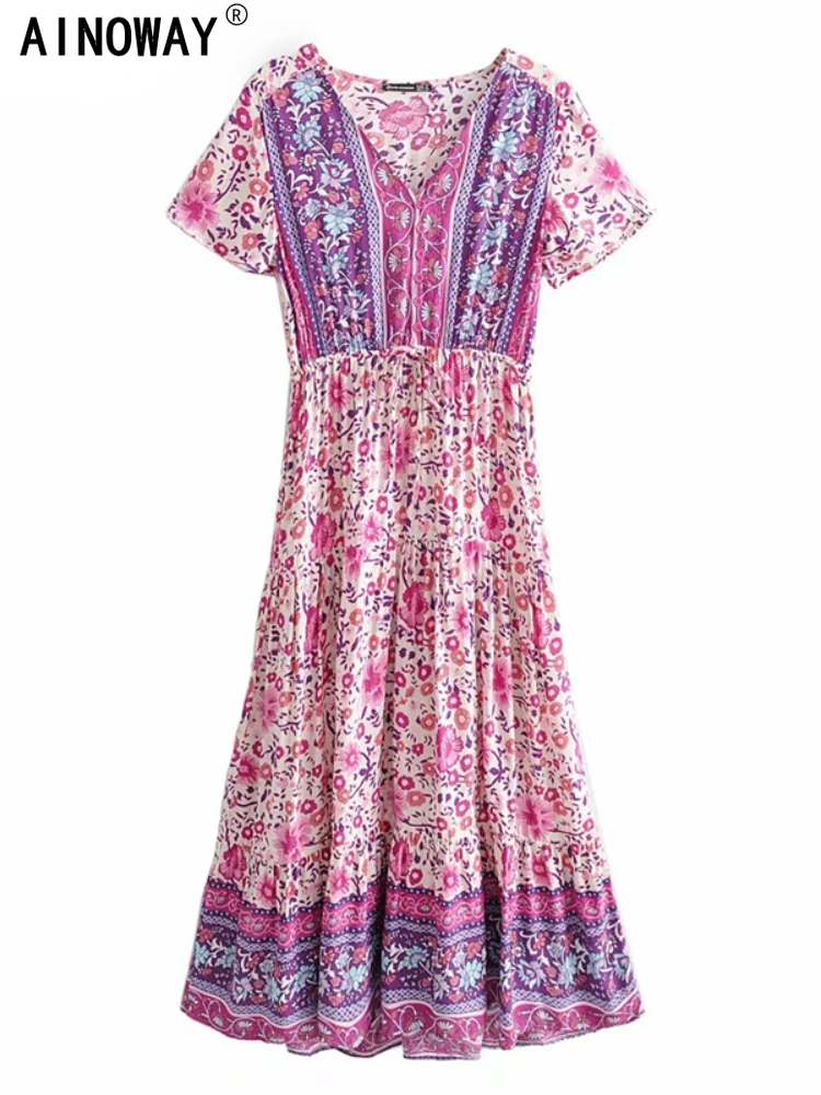 Purple Dress Printed Bohemian Purple Bohemian Floral Dress Vintage