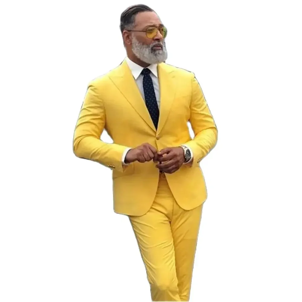 Yellow Blazer Formal Men's Suits 2 Piece Jacket Pants Slim Fit Single Breasted Peaked Lapel Smart Casual Costume Homme Terno
