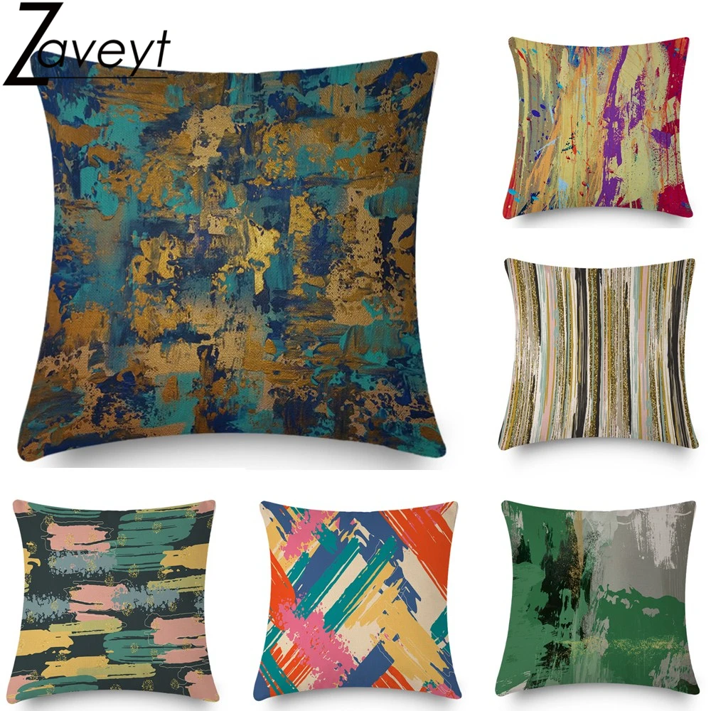 

Gold Blue Abstract Geometric Oil Camouflage Linen Cushion Cover 45x45cm Throw Pillowcase Modren Home Decor Sofa Car Pillow Cover
