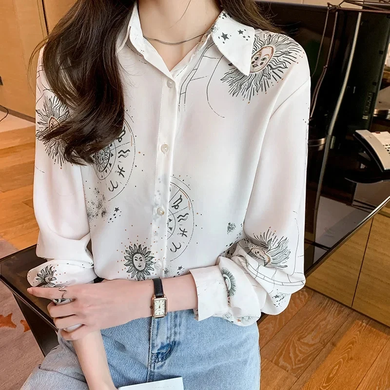 Autumn Spring Women's Shirt Black White Cartoon Cat Print Shirt Fashion Slim Fit Long Sleeve Chiffon Shirt Women's Tops