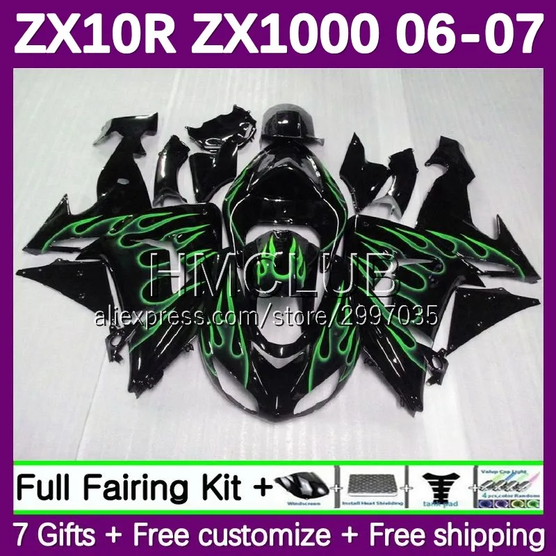 Fairing Kit For KAWASAKI NINJA ZX-10R ZX 1000 CC ZX10 10 R green flames 10R  111No.55 1000CC ZX10R 06 07 ZX1000 2006 2007 Bodys