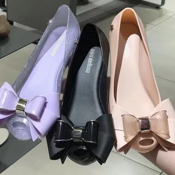 2025 Fashion Ladies Jelly Shoes Women's Flat Single Shoes Sweet Girls Pointed Square Button Bow Single Shoes