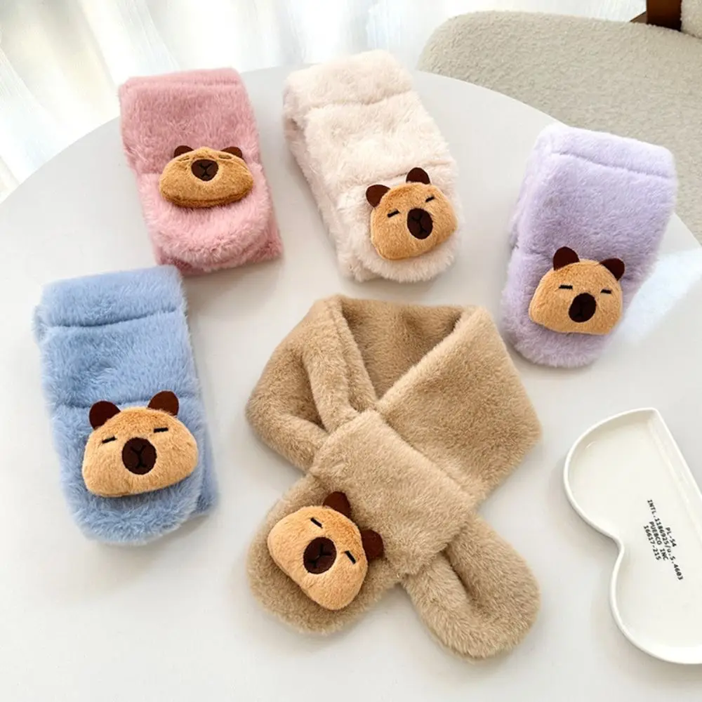 New Winter Children's Cross Scarf Plush Solid Color Capybara Scarf Boys Girls Thickened Warm Neckerchief Wrap Kids