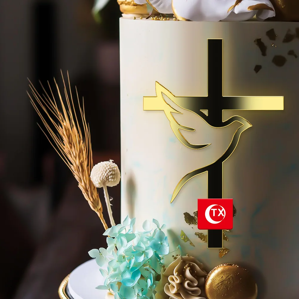 Set De 4 Adornos De Cruz Para Tartas | Acrílico Dorado Con Paloma Y Hojas | Para Primera Comunión, Bautizo Y Bodas