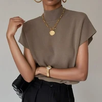 Mode col montant mince femmes tricoté gilet ample solide élégant hauts droits à manches courtes bureau dame t-shirt chemise ample 1