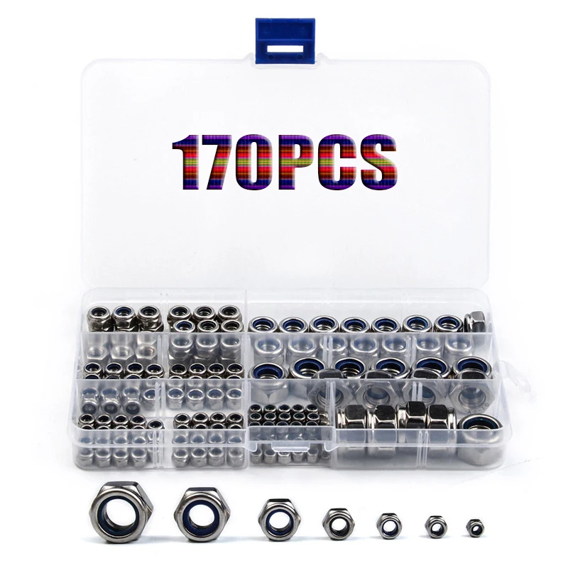 

170pcs 304 Stainless Steel Hexagon Nylon Insert Lock Nut Assortment Kit Hex Self Locking Nylock Locknut Set M3 M4 M6 M8 M10 M12