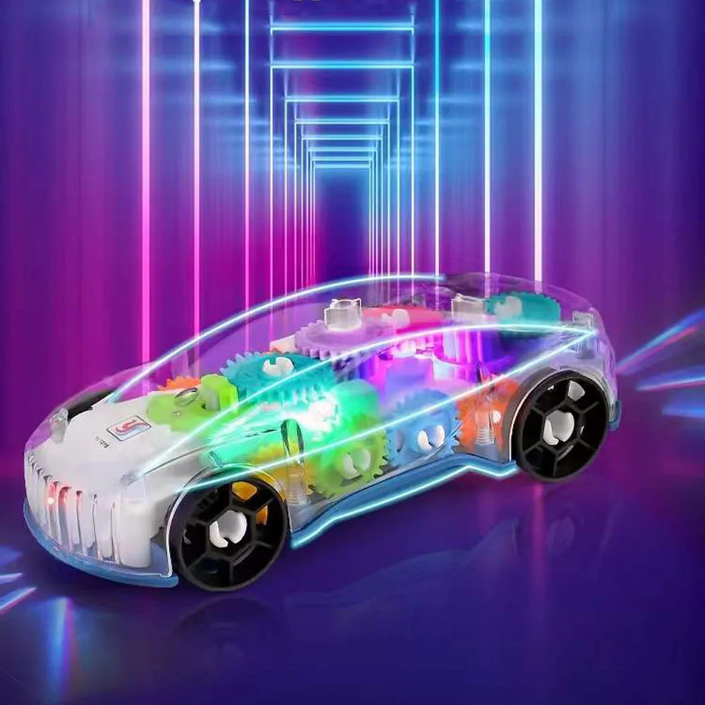 Electric Toy Car Transparent Rotating Mechanical Gear Concept Car with Sound LED Light Luminous Flashing Toys Gifts for Kids deformation rotating toy car universal racing stunt 612 car with light sound automatic door children s educational electric toys