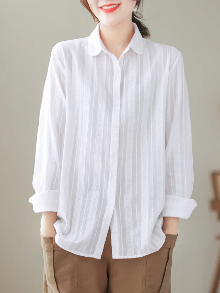 QOERLIN Cotton White Shirts Women Long Sleeve Jacquard Tops Blouse Simple Solid Button Up Shirts OL Elegant Summer Oversize Tops