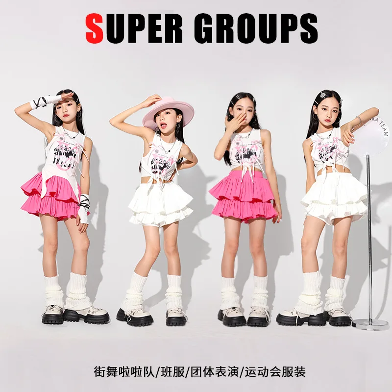 Pink Fashion Summer Hip Hop Dance Costume 4 Girls Jazz T Shirt Skirt Kid Ballroom Dancing Clothes Stage Outfit Perform Show Wear