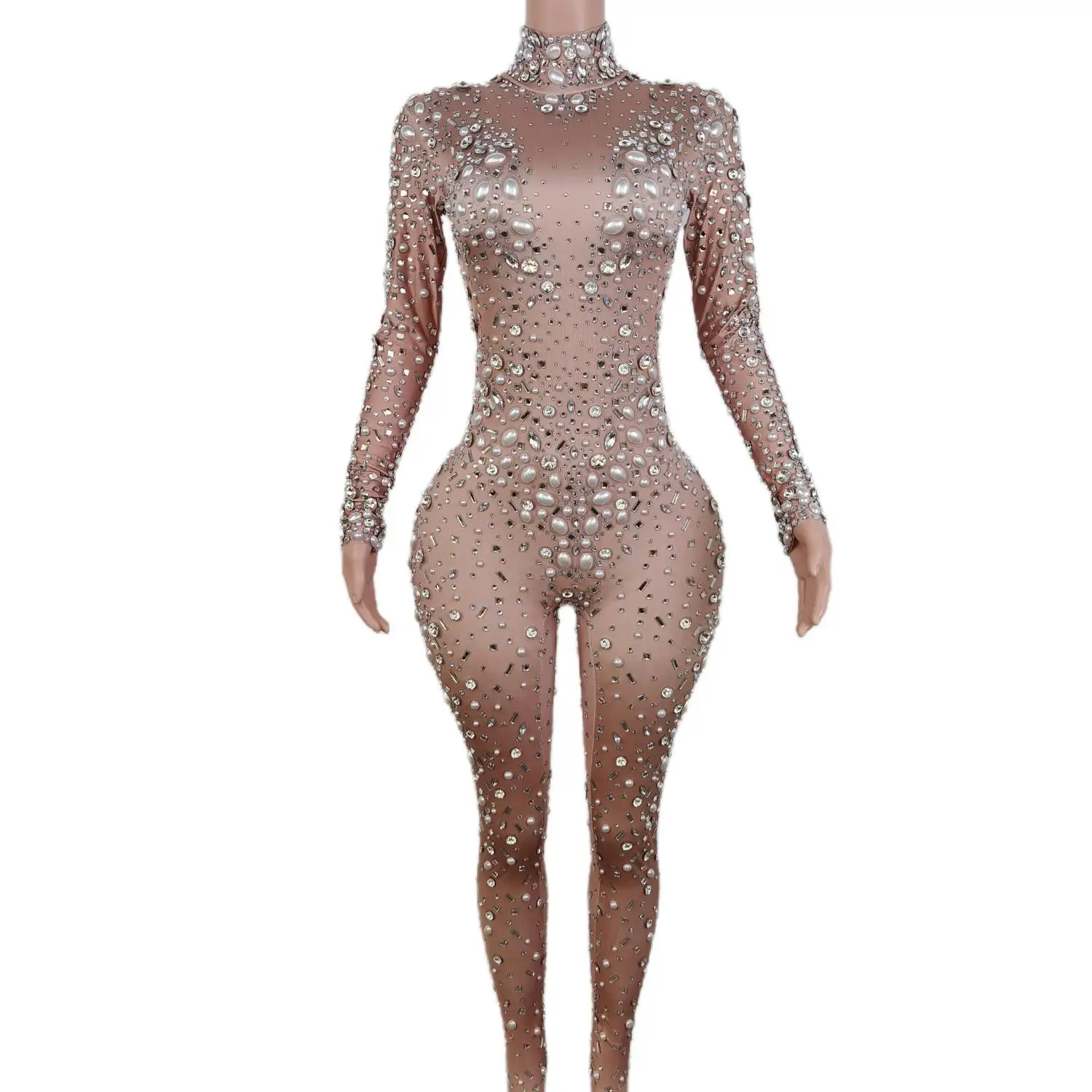 

2024 Trending Products Pearls Rhinestone Long Sleeve Spandex Bodysuit Bodycon Romper Women Night Club Dance One Piece Jumpsuit