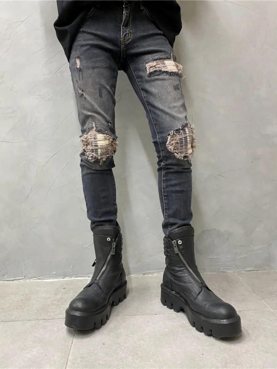 

High Street Fashionable Washed Worn Waste Soil Style Patchwork Jeans Slim Fit Stretch Feet Pants Personality Pencil