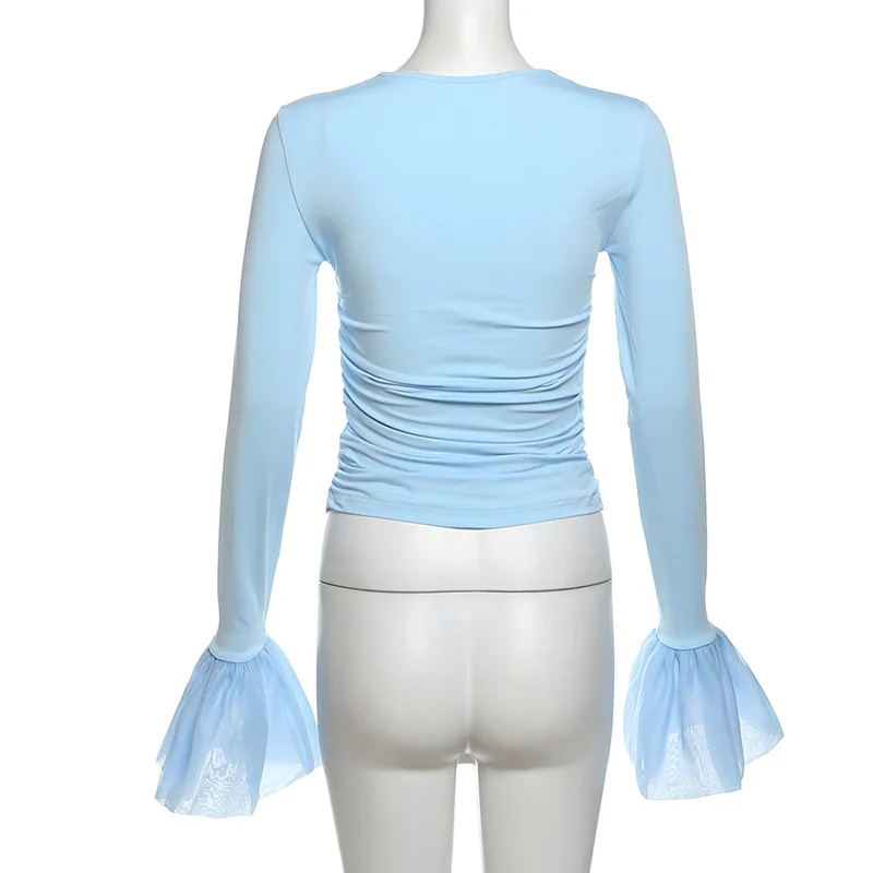 Mesh Ruffled Patchwork T-shirt Top For Women Long Sleeve High Waist Cropped Top Pullover Streetwear Female Slim Y2k Top