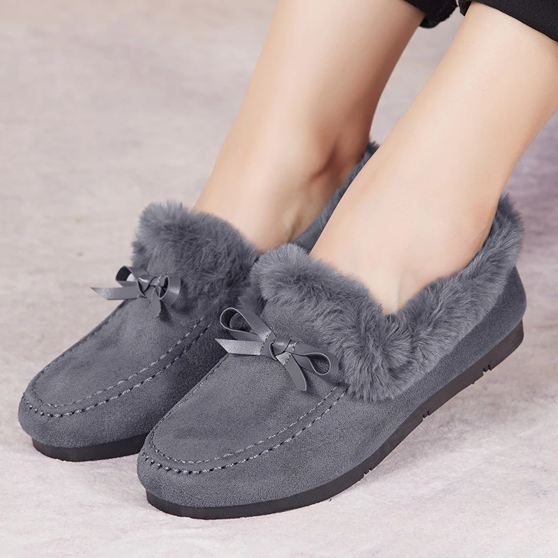 2025 Women Winter Casual Shoes New Soft Flat Non-slip Loafers Fashion Comfort Warm Plush Bow Slip on Female Casual Cotton Shoes