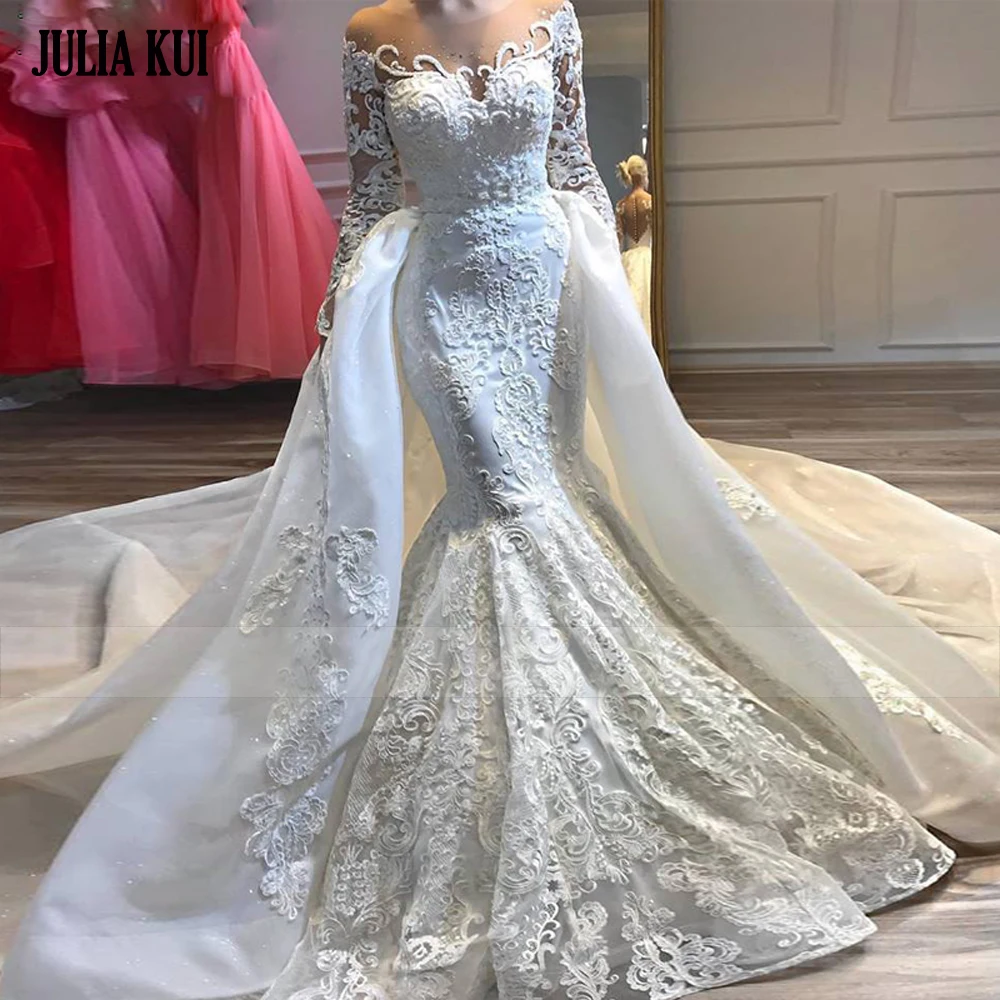 

Julia Kui Full Sleeve Delicated Rhinestones Beads Luxury Mermaid Wedding Dress With Chapel Detachable Tail