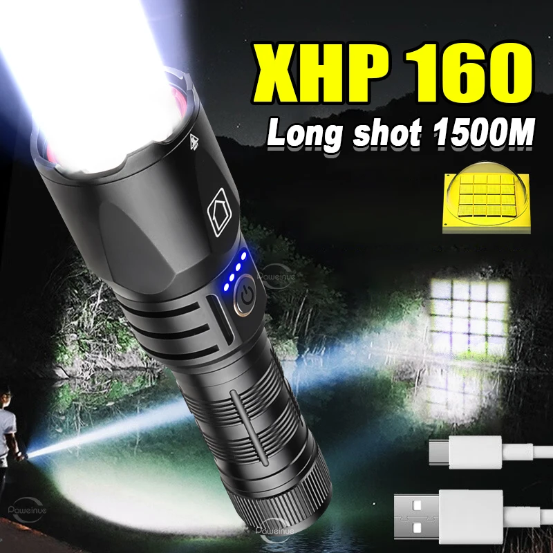 

Мощный светодиодный фонарик XHP160, перезаряжаемый USB-вспышка, светодиодные фонари XHP120, зум, тактический фонарь, дальнобойный фонарь