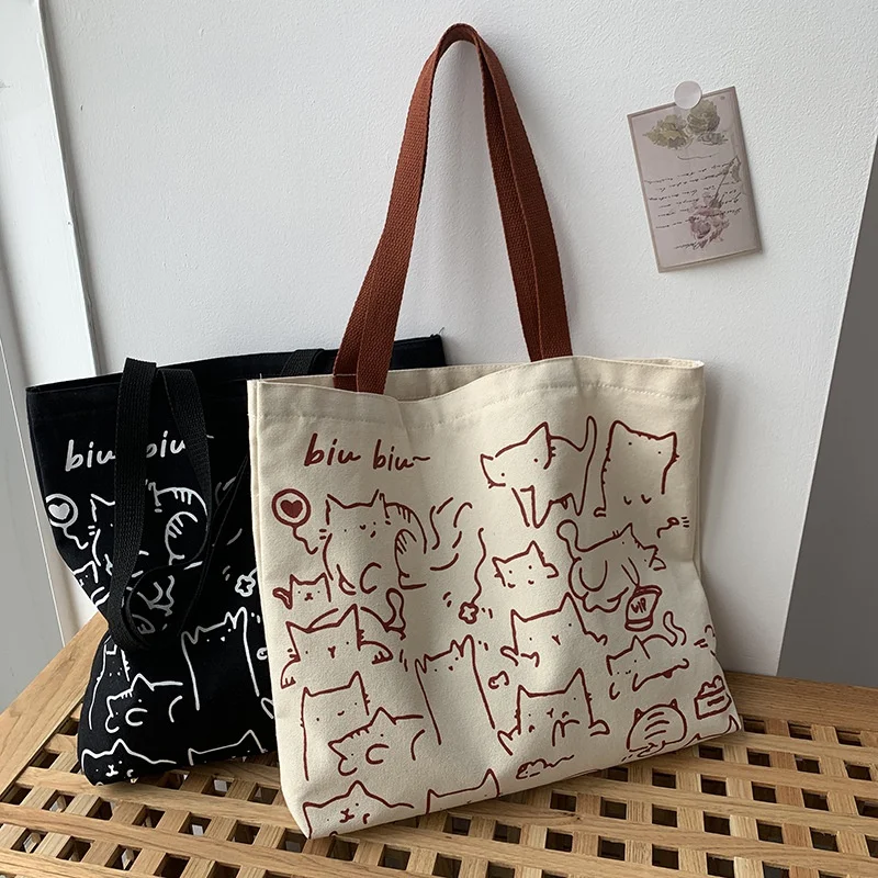 

Canvas Bags Handbag for Women Shopper Cute Cat Tote Bag with Zipper Designer Bag Japanese Style Cartoon Small Shoulder Bags