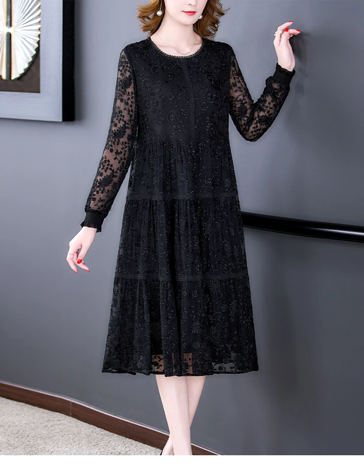 Black Lace Embroidery Hollow Out Sexy Midi Dress