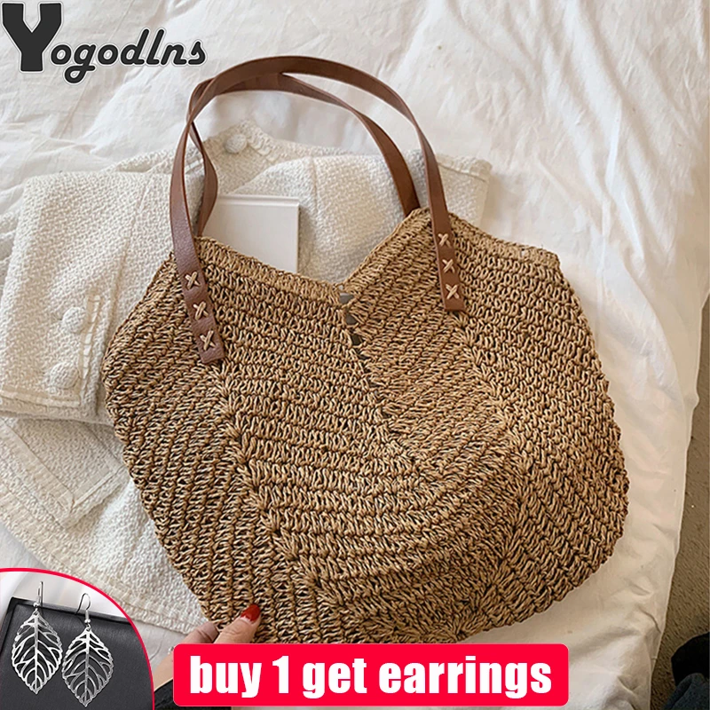 Bolso de paja de verano para mujer, bandolera de mimbre, tejido a mano, de gran capacidad, playa|Bolsos de hombro| - AliExpress