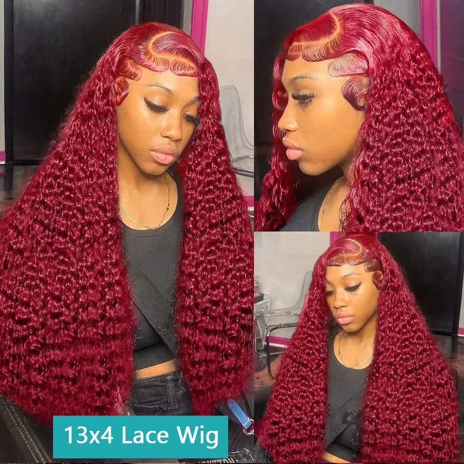 Human Hair Wig Lace Front Wig Human Hair Wigs Front Lace Wig 250 Density 30 40 Inch 99J Burgundy Deep Wave 13x4 13x6 Lace Frontal Red Curly For Women