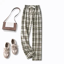 

Plaid Wide Leg Pants Pantalones De Mujer 2022 Spring Polyester Spandex Viscose Full Length LOOSE Elastic Waist