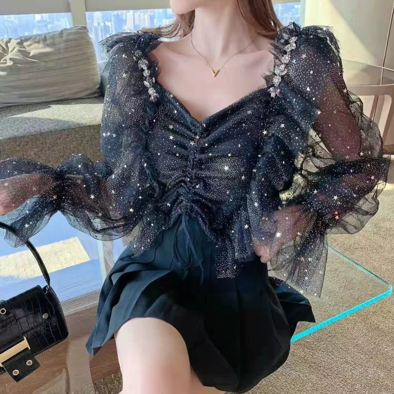 

2023 Summer New Fairy Ruffled Chiffon Shirts Sweet Long Flare Sleeves Pleated Drawstring Short Blouse Chic Gliitter Mesh Tops